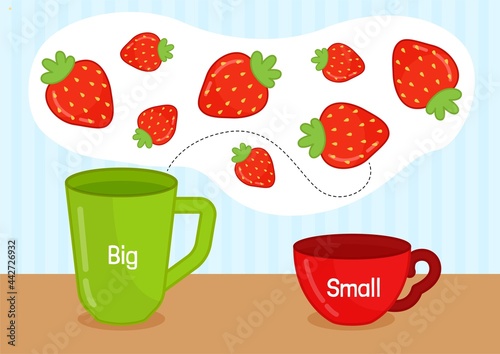 Matching children educational game. Activity for pre sсhool years kids and toddlers. Arrange the berries in mugs by size.