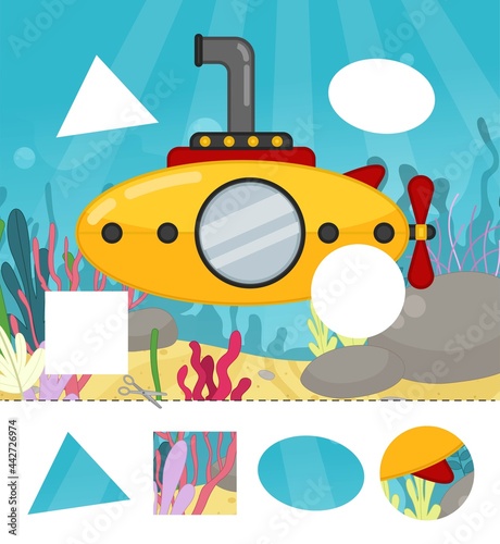 Education paper game for preshool children. Cut out the parts and glue in the right place. Illustration of submarine at sea. 