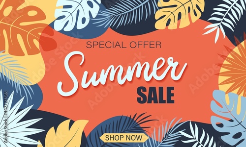 Summer rectangular background with tropical leaves for sale banner, poster, fashion ads. Vector illustration