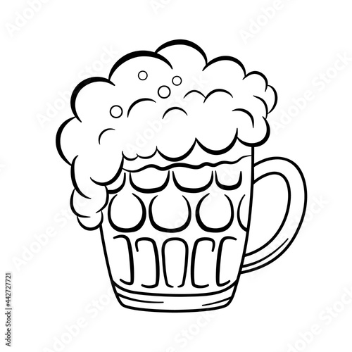 Mug of beer with foam. Vector outline icon. Glass mug with drink isolated