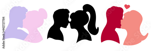 A set of silhouettes of couples in love in different color combinations. Pale pink, black, red on a white background