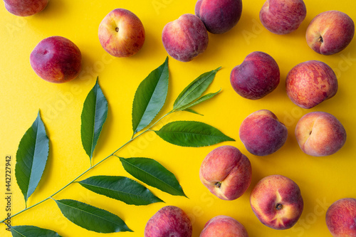many ripe peaches on a yellow background