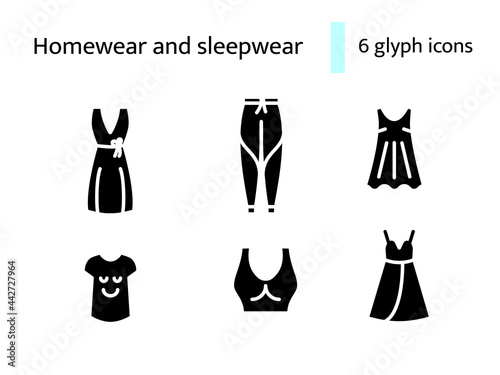 Comfy clothes glyph icons set. Homewear and sleepwear. Sports bra, pants. Isolated vector stock illustration