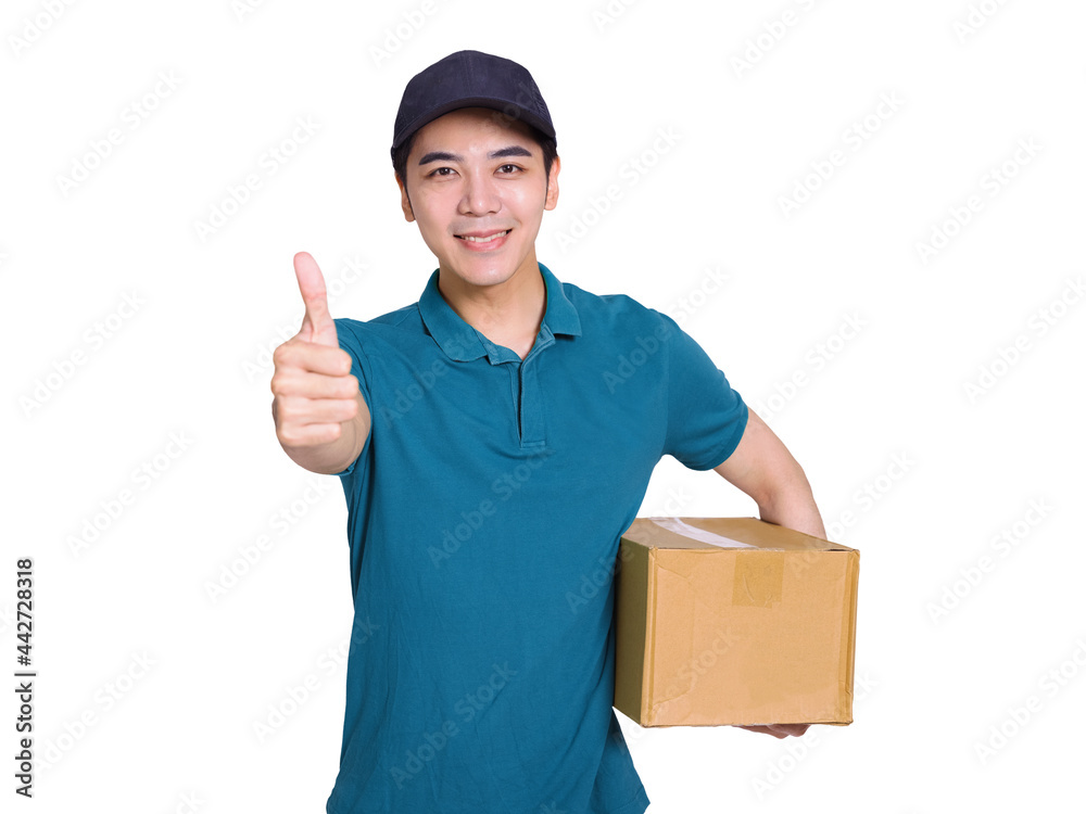 Young delivery man holding carton package and showing thumbs up Young delivery man holding carton package and showing thumbs up
