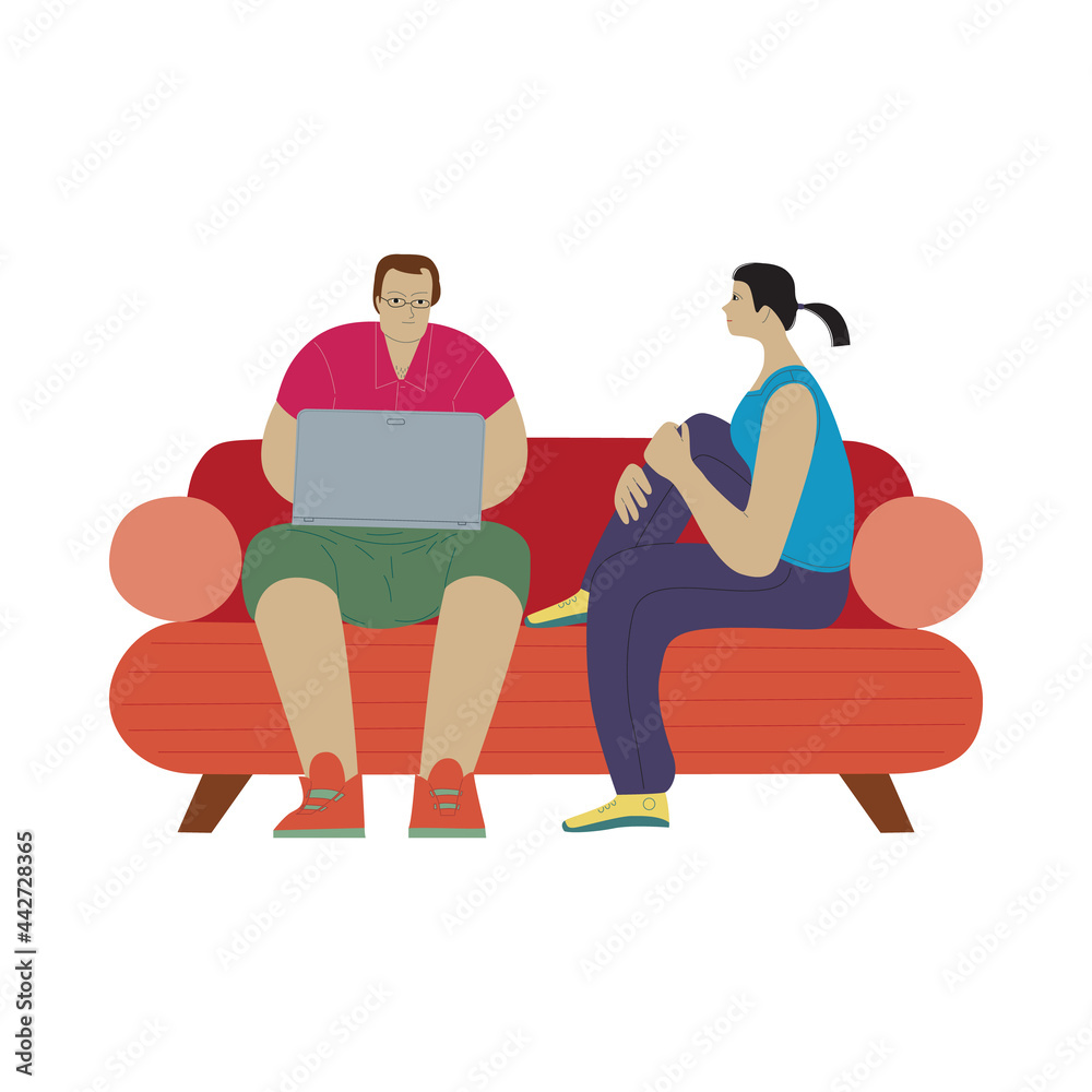 Cartoon people are sitting on a sofa. Man works on laptop, woman looks in his direction. Family couple vector illustration. Cartoon people are sitting on a sofa. Man works on laptop, woman looks in his direction. Family couple vector illustration.