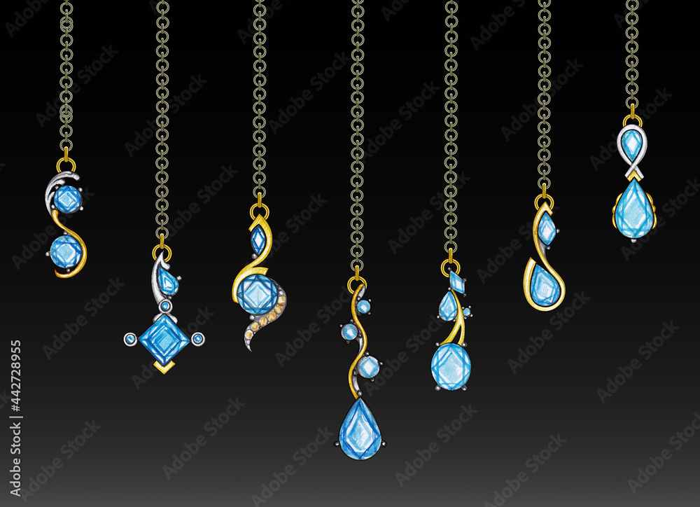 Jewelry design modern art set blue topaz gold necklace. Hand drawing and painting on paper. Jewelry design modern art set blue topaz gold necklace. Hand drawing and painting on paper.