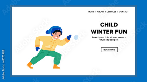 Child Winter Fun Play Game Snowball Fight Vector. Boy Playing Seasonal Child Winter Fun On Playground And Throwing Snow Ball. Character Funny Active Time Web Flat Cartoon Illustration