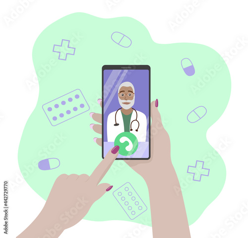 Call doctor. Medical consultation online in mobile phone. Telemedicine concept. Hand is holding smartphone. Vector flat illustration