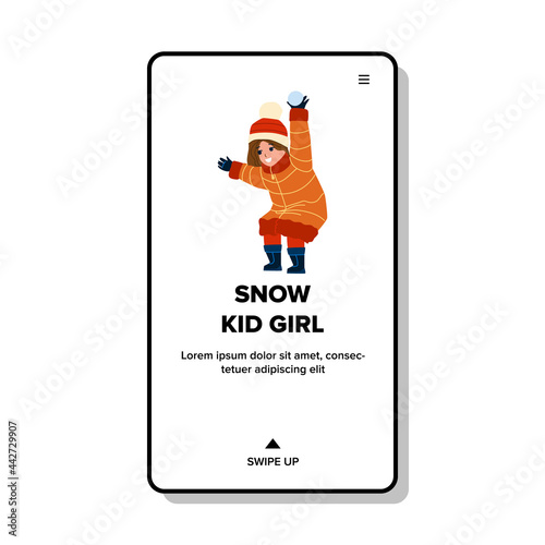 Kid Girl Playing Snow Ball Game With Friend Vector. Kid Girl Play Snowball Fight, Winter Season Activity On Nature. Character Little Child Outdoor Leisure Time Web Flat Cartoon Illustration
