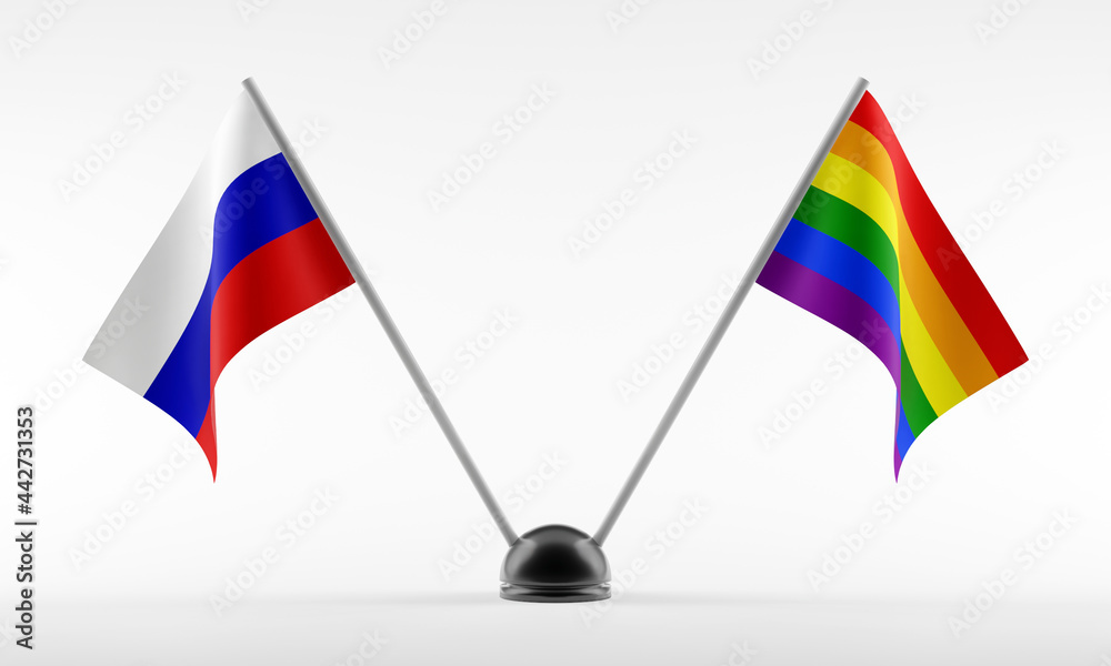 LGBT and Russia flags on decorative stand. Isolated on a white background. 3d rendering LGBT and Russia flags on decorative stand. Isolated on a white background. 3d rendering