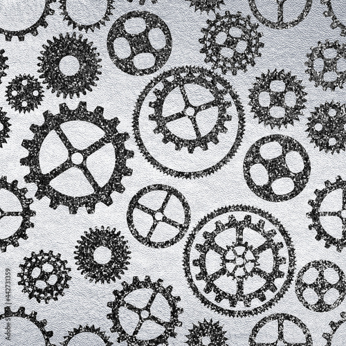 Silver metallic background texture with gears pattern. Sparkle steampunk material backdrop