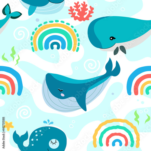 Marine seamless pattern with sleeping whales and rainbows. Scandinavian kids texture for fabric, wrapping, textile, wallpaper. 