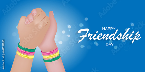 Happy friendship day poster. Realistic greeting card with friendship hands and bracelets. Festive postcard. Vector