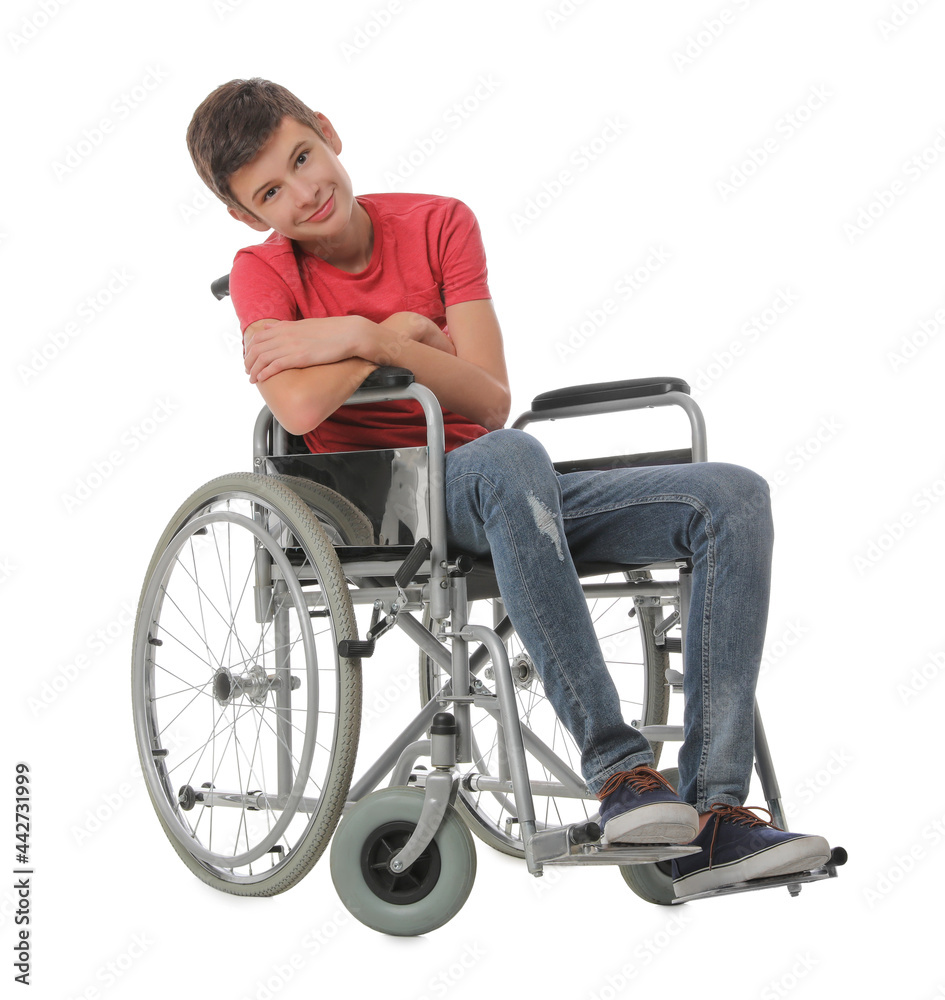 Teen boy in wheelchair on white background Teen boy in wheelchair on white background