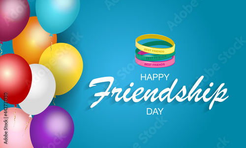 Happy friendship day poster. Realistic greeting card with friendship hands and bracelets. Festive postcard. Vector