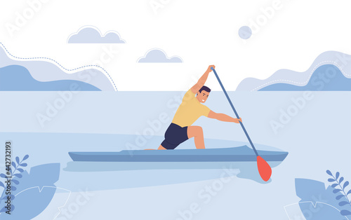 Young man in a boat floating on the river, the concept of rowing competitions, canoeing.