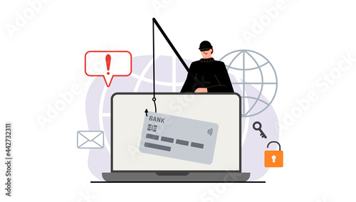 The criminal behind a laptop, computer. Hidden mining. Phishing notifications. Account hacking. A fraudster steals a bank card. Network security. Internet phishing, hacked username and password.