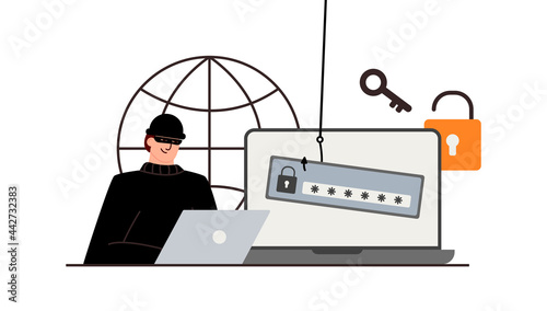 The criminal behind a laptop, computer. Hidden mining. Phishing notifications. Account hacking. A fraudster steals a bank card. Network security. Internet phishing, hacked username and password.