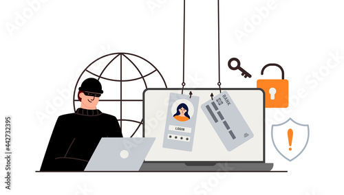 Hacker attack. Fraud with user data on social networks. Credit or debit card theft. Internet phishing, hacked username and password. Cybercrime and crime. A thief on a website online on the internet.