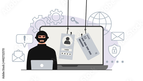 Hacker attack. Fraud with user data on social networks. Credit or debit card theft. Internet phishing, hacked username and password. Cybercrime and crime. A thief on a website online on the internet.