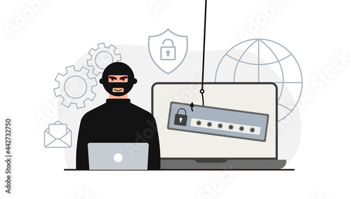 Hacker attack. Fraud with user data on social networks. Credit or debit card theft. Internet phishing, hacked username and password. Cybercrime and crime. A thief on a website online on the internet.