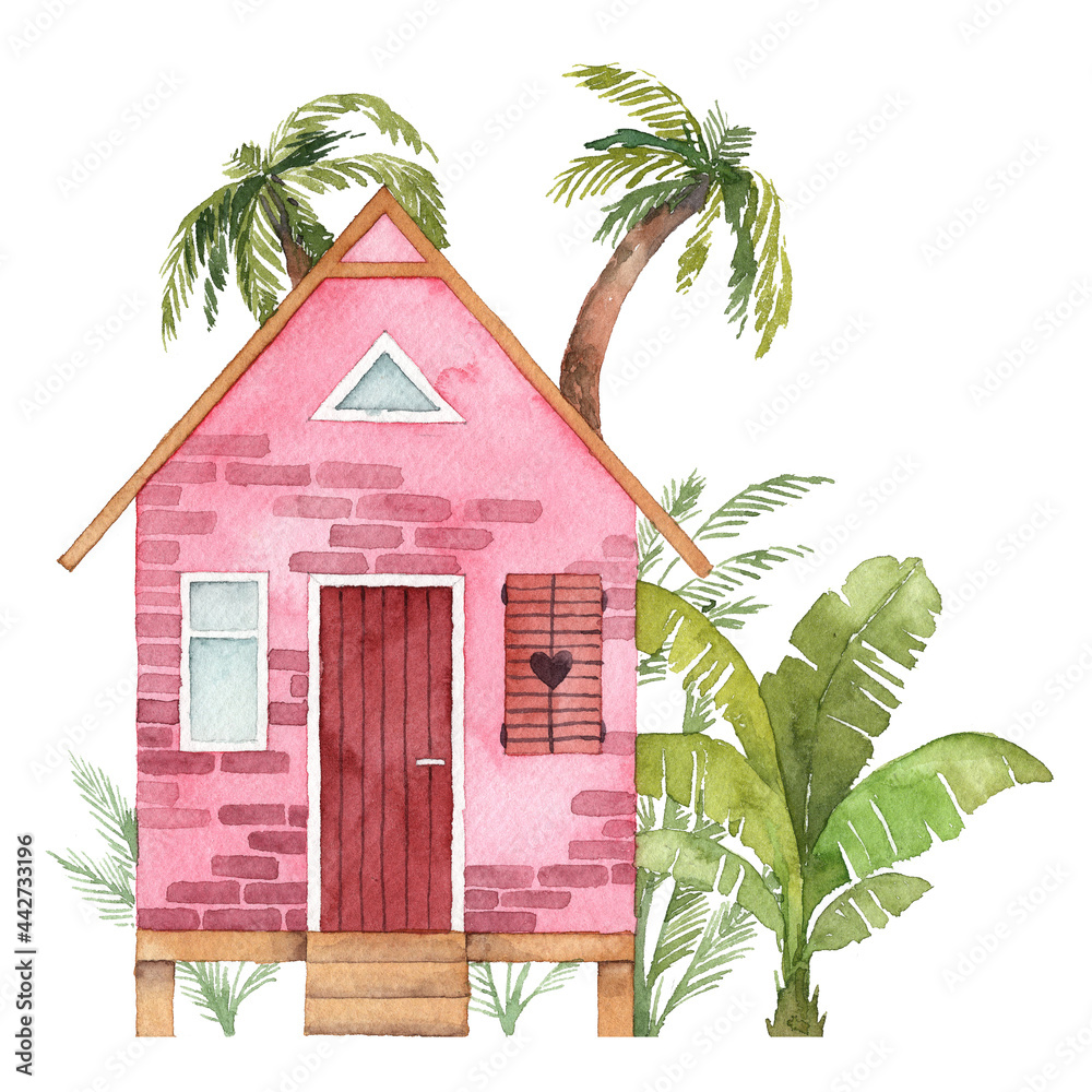 Watercolor pink house with palm trees. Hand painted front view house  illustration Stock Illustration | Adobe Stock