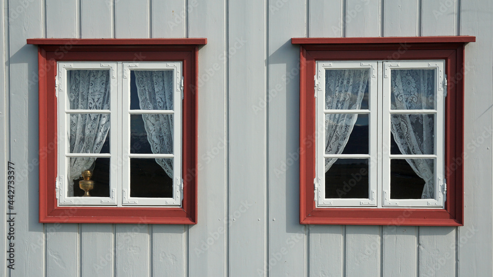 window with embroidered curtains, Akureyri, Iceland