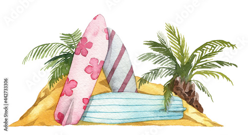 Sand pile on a beach with palms and surf boards. Watercolor summertime illustration