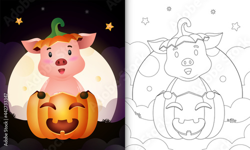 coloring book with a cute pig in the halloween pumpkin