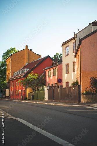 Old beautiful houses in the old town of Oslo, Norway. Colorful architecture on a sunny summer day. © Stasys