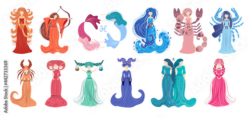 Zodiac, zodiac sign illustration as a beautiful girl with braids. Vintage zodiac boho style fashion illustration