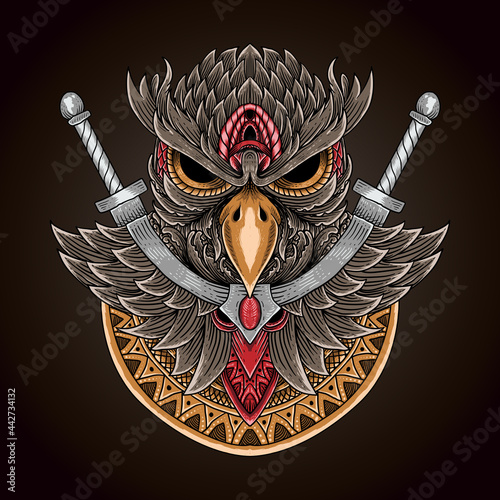 hand drawn tattoo owl with mandala and sword engraving style isolated. owl vector t shirt design. 