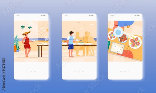 Buffet breakfast. Hotel restaurant catering. Mobile app screens, vector website banner template. UI, web site design.