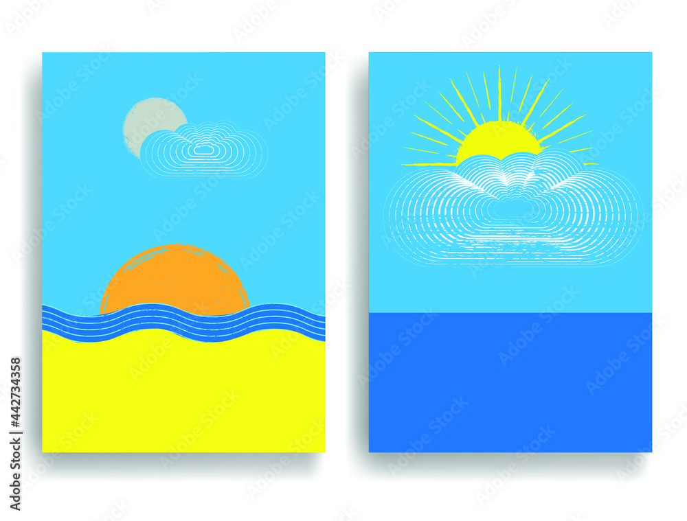 Minimal logo design .Sun, moon, waves , sand beach and cumulus clouds . Vector aesthetic background