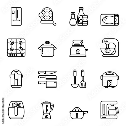 Kitchen and cooking icons set 2 with white background. Thin Line Style stroke vector.