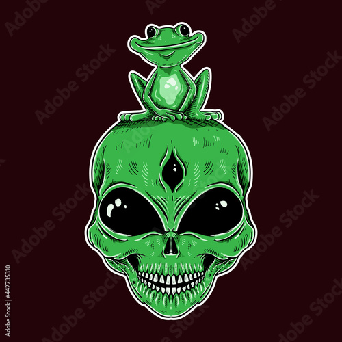 tattoo and t shirt design skull alien green frog illustration vintage style isolated premium vector