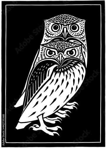 Pair of stylized Owls. Graphic design, woodcut style. Ex libris. 