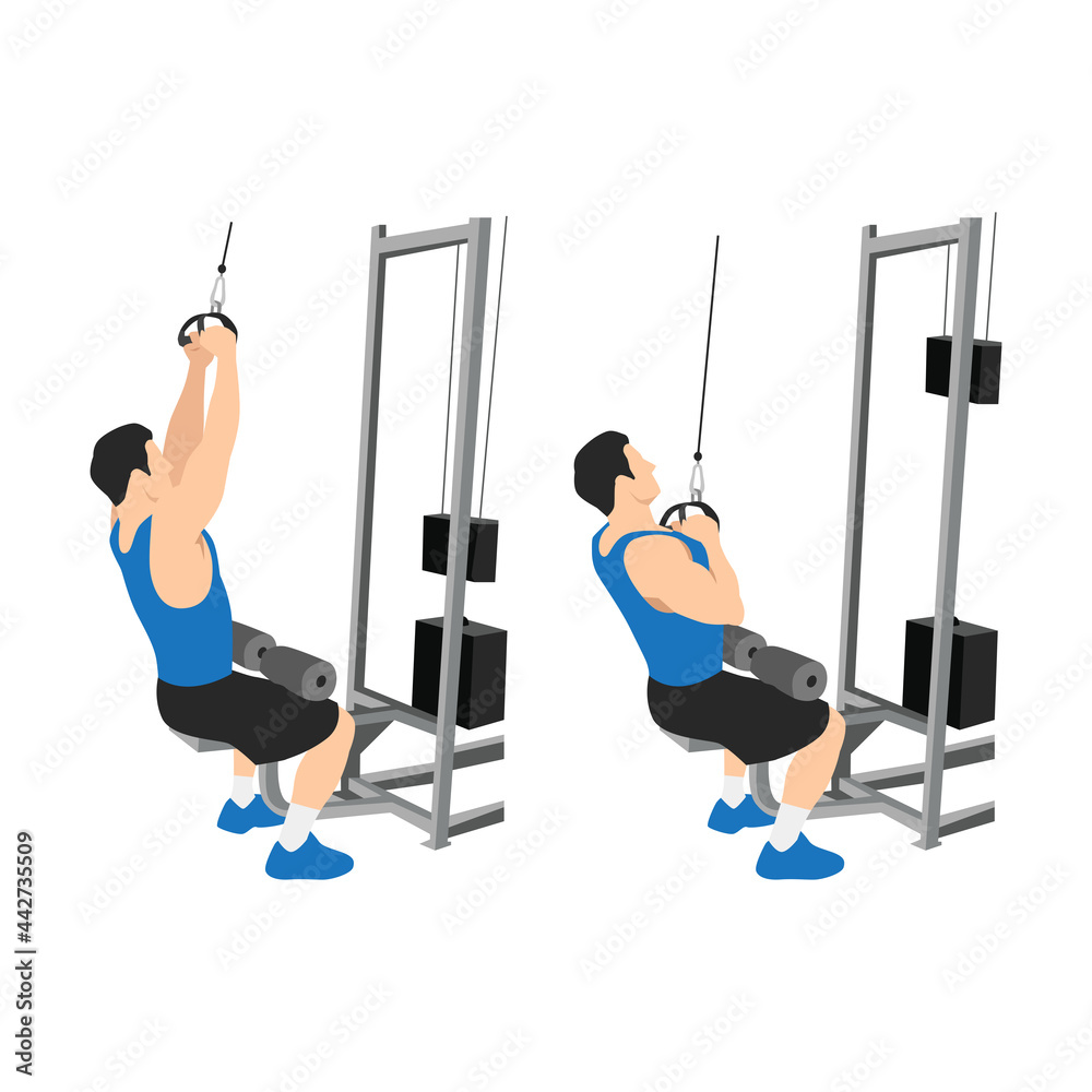 Man doing V BAR.Triangle bar lat pulldowns.Pull downs. pullover exercise. Flat vector illustration isolated on white background Stock Adobe Stock