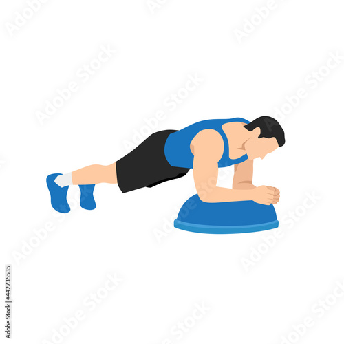 Man doing Bosu ball plank exercise. Flat vector illustration isolated on white background