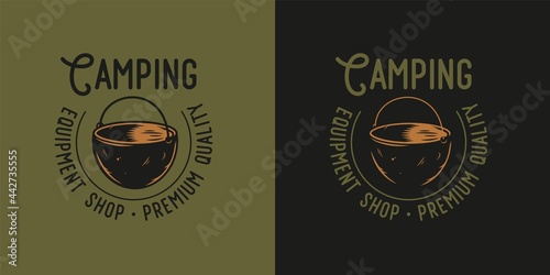 Camping outdoor equipment. Cooking pot, metal bowler for print of travel and adventure