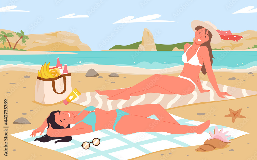 Girls sunbathe on tropical sea beach landscape, summer vacation tourism vector illustration. Cartoon young happy beautiful woman characters in bikini swimsuit sunbathing and smiling background