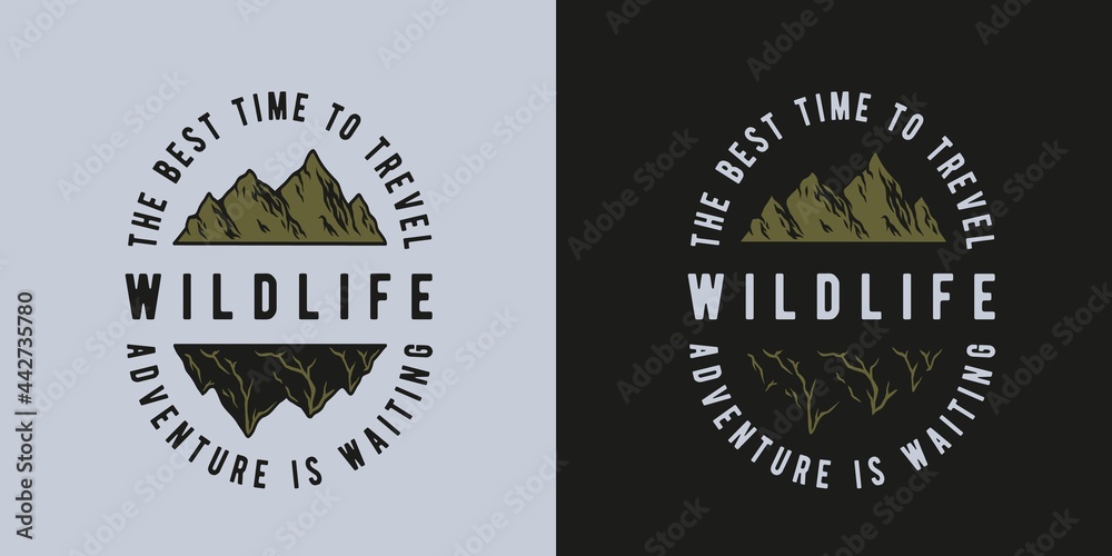 Obraz premium Mountain camping for travel print. Hill hiking and expedition for traveler and tourist. Graphic design for outdoor adventure. Sport activity