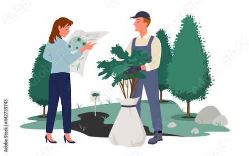 People work in summer forest or park, grow plants vector illustration. Cartoon man woman gardener characters working and gardening, holding garden tools scissors shovel, tree sapling