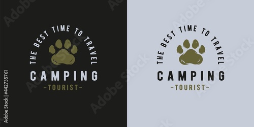 Camping footprint for travel print. Sole, pets footsteps, cat paw, tiger, feline foot for hiking and expedition of traveler and tourist. Graphic design for trip adventure. Bare walking feet