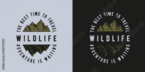 Mountain camping for travel print. Hill hiking and expedition for traveler and tourist. Graphic design for outdoor adventure. Sport activity