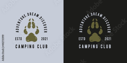 Camping footprint for travel print. Sole, pets footsteps, dog paw, wolf, feline foot for hiking and expedition of traveler and tourist. Graphic design for trip adventure. Bare walking feet