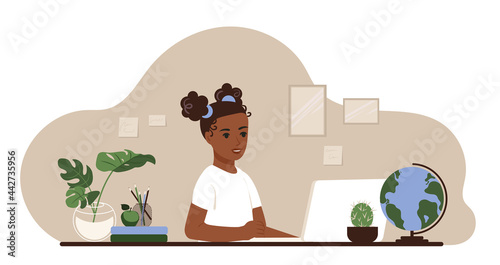 School distance learning concept. African American schoolgirl studies at the table with laptop and books at home. Flat vector illustration