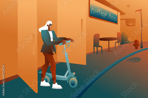 A young girl comes out of a restaurant with an electric scooter, a stylish image of a woman character against the background of a coffee shop sign. Against the background of the sunset.