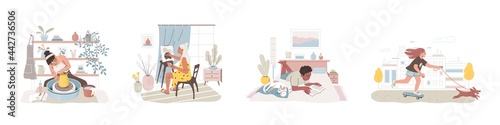 Set of happy people spending free leisure time with different hobbies. Pottery, painting, reading book and walking with dog on skateboard. Flat graphic vector illustration isolated on white background