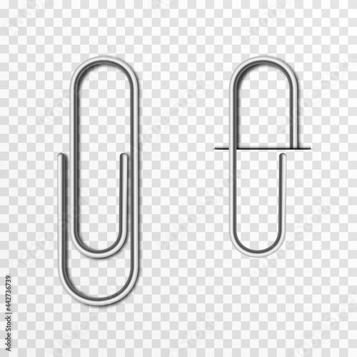 Set of vector paper clips on isolated transparent background. Metal paper clip png.
